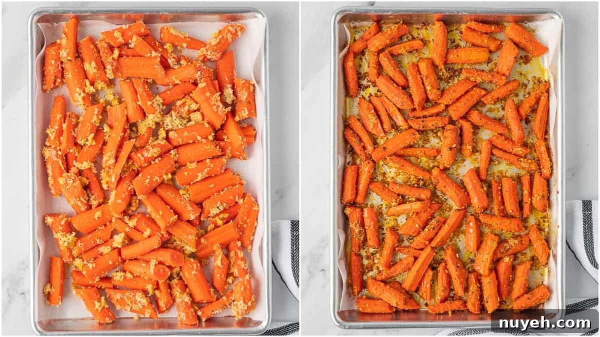 Before and after of roasted carrots on a baking tray.