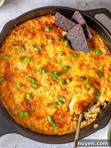 Buffalo chicken dip in a pan topped with scallions.