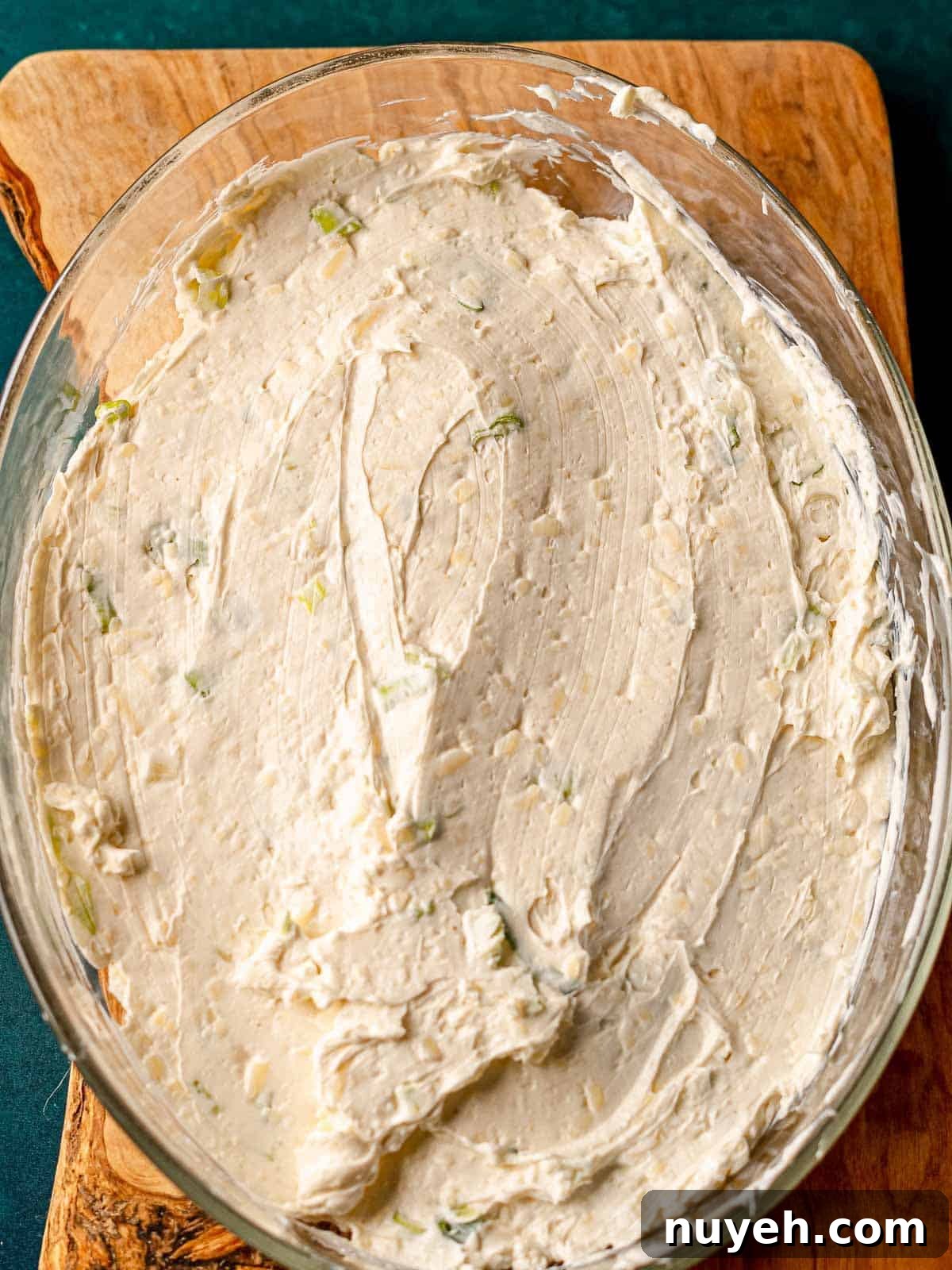 Cream cheese spread in a pan.