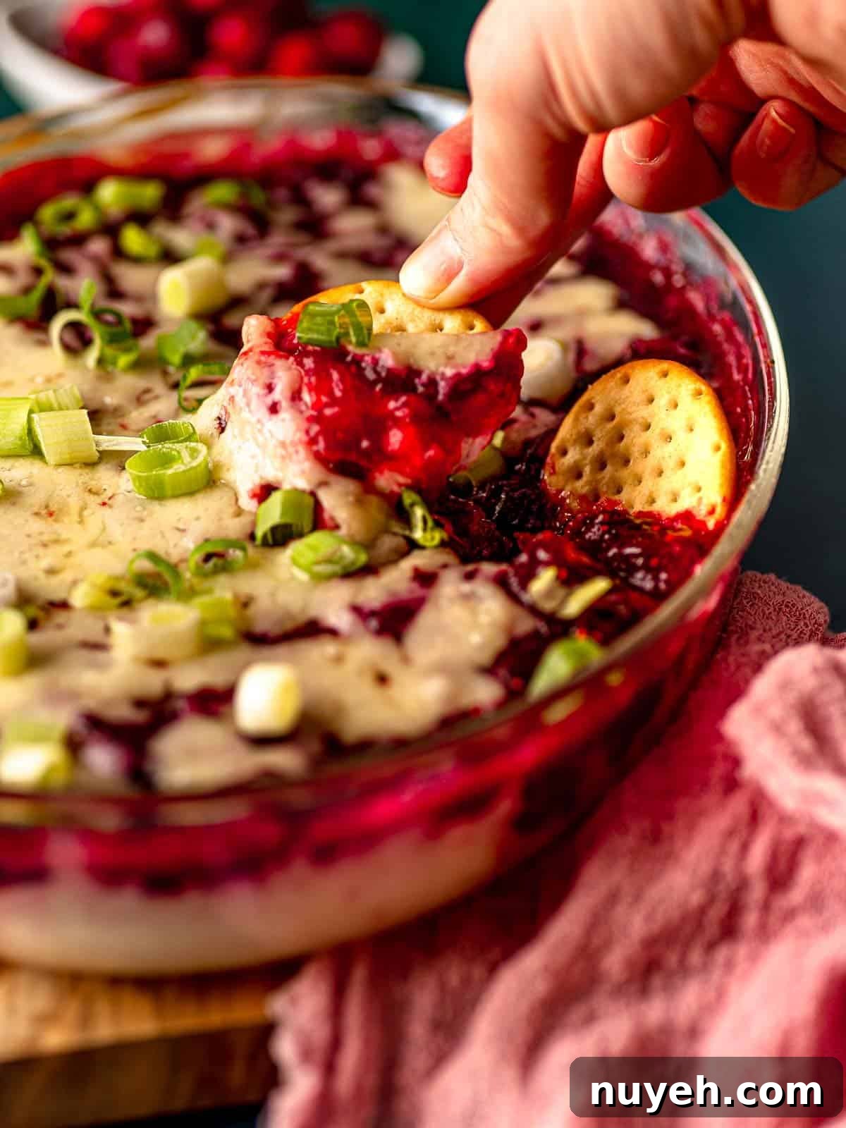 A hand dipping a cracker into cranberry dip.