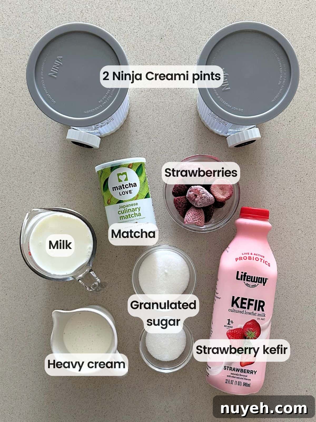 Ingredients needed to make strawberry matcha ice cream with a Ninja Creami.