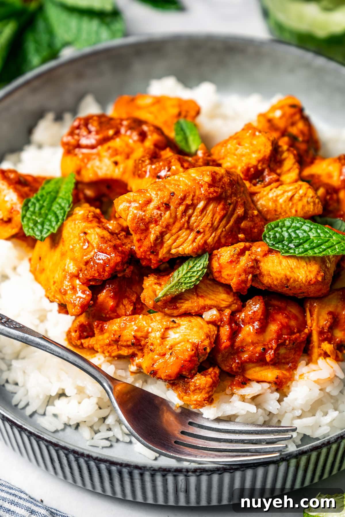 Harissa chicken served over rice.