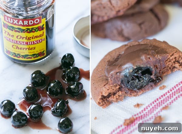 Maraschino cherries on a platter and one baked into a chocolate cookie.