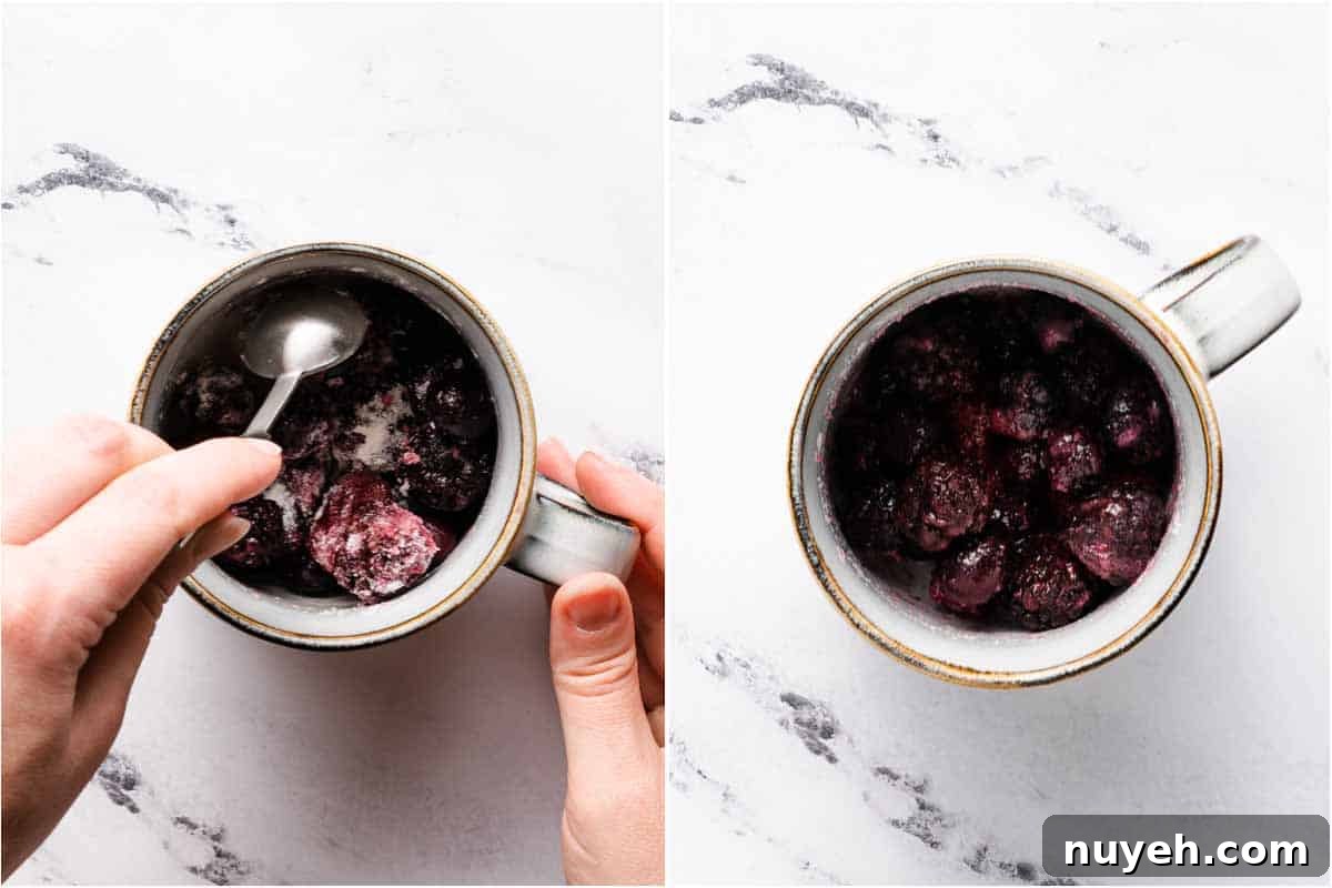 collage of berries and sugar being mixed together in mug on left and berries fully mixed with sugar on right