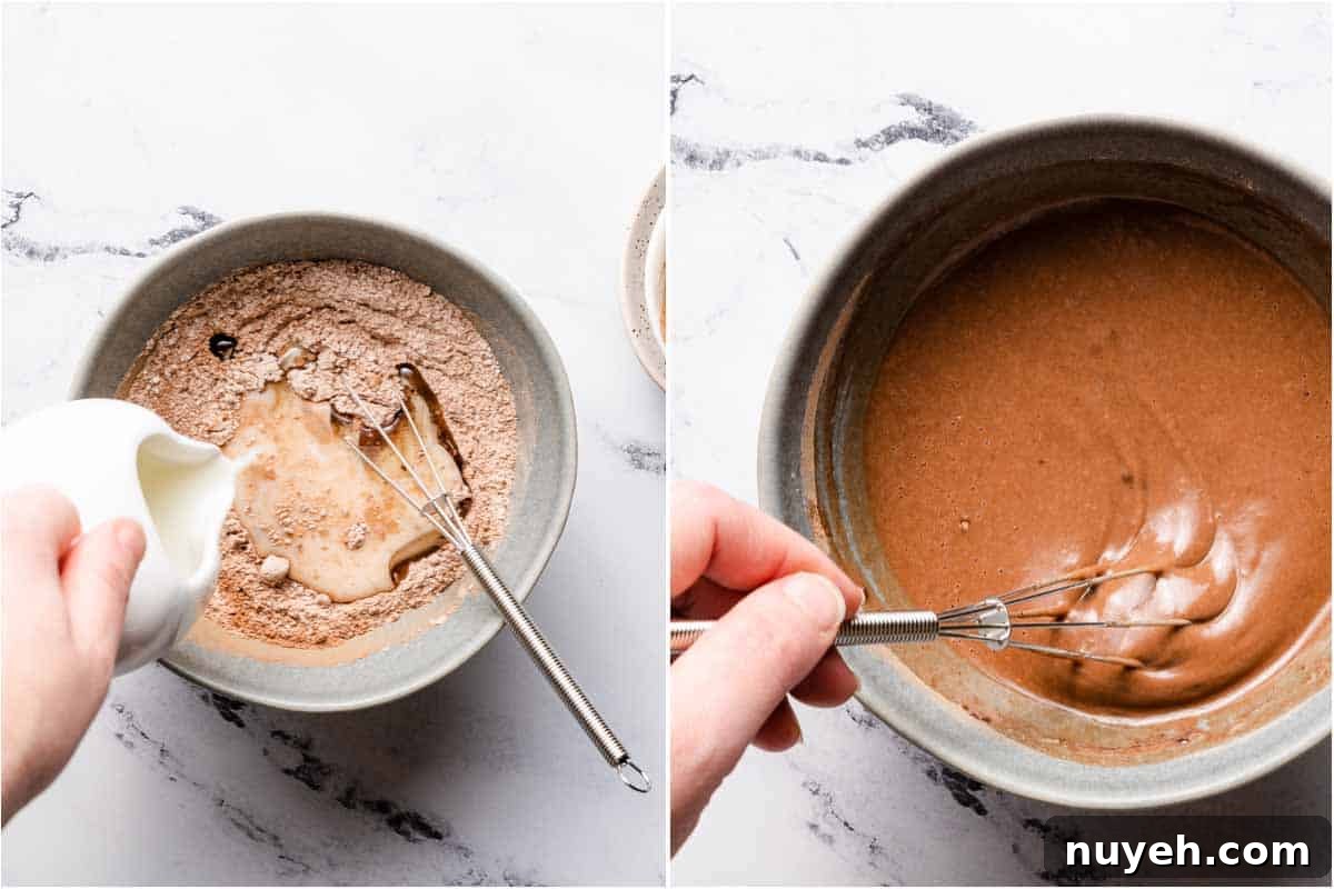 collage of milk being poured into dry ingredients on left and finished mixed batter on right