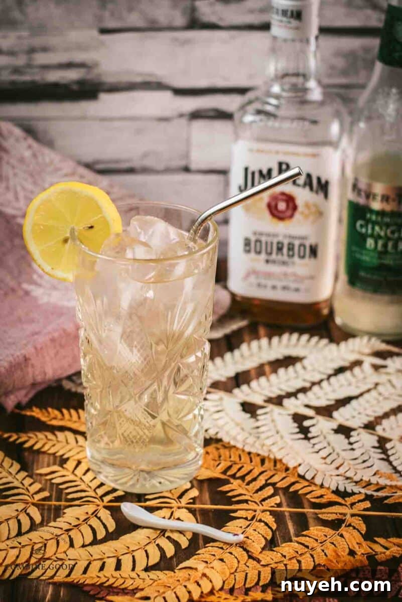 Gorgeous Bourbon Highball cocktail, made with Bourbon and Ginger beer. Served with a lemon slice.