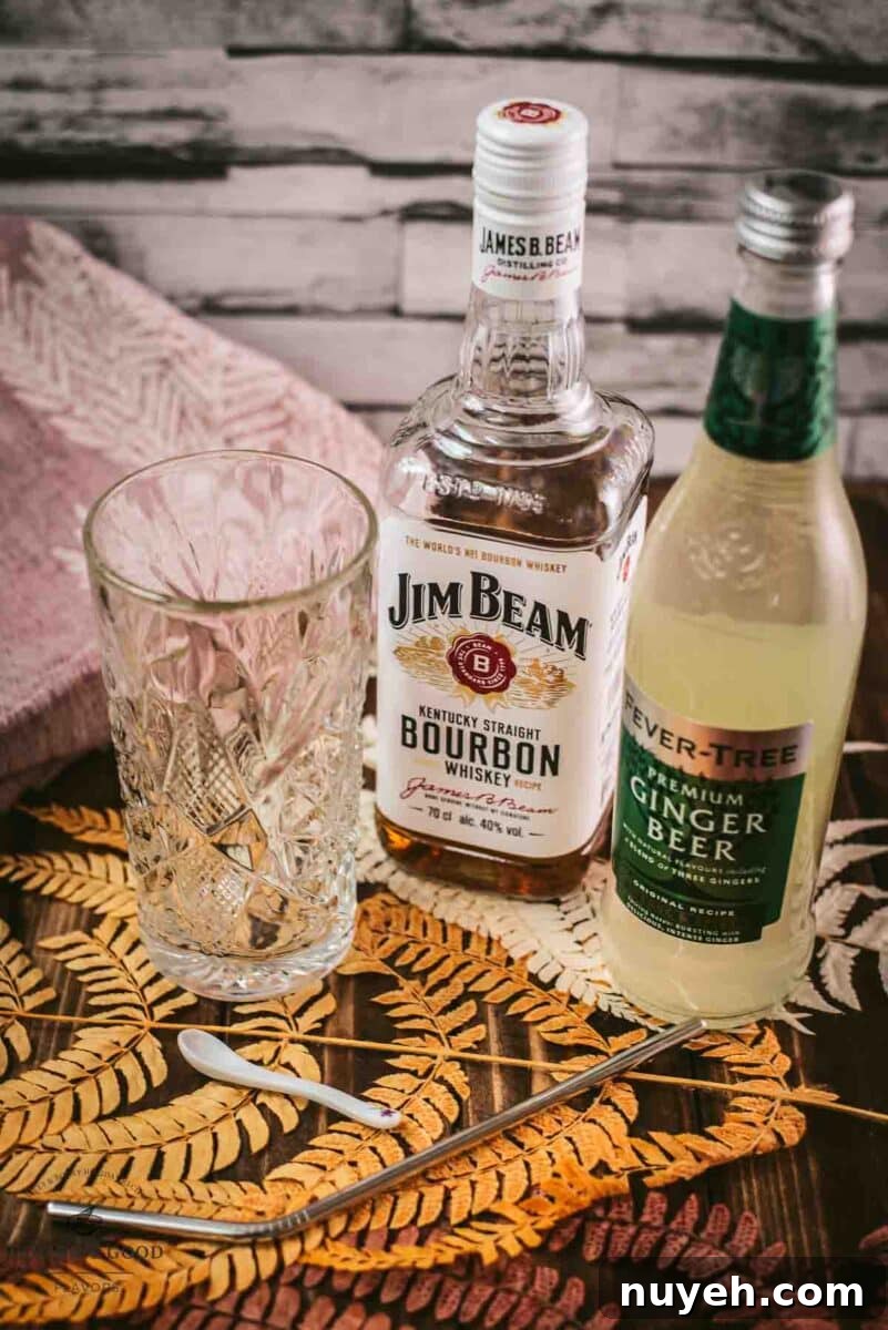 Bourbon highball ingredients - Bourbon, Ginger beer, cubed ice.
