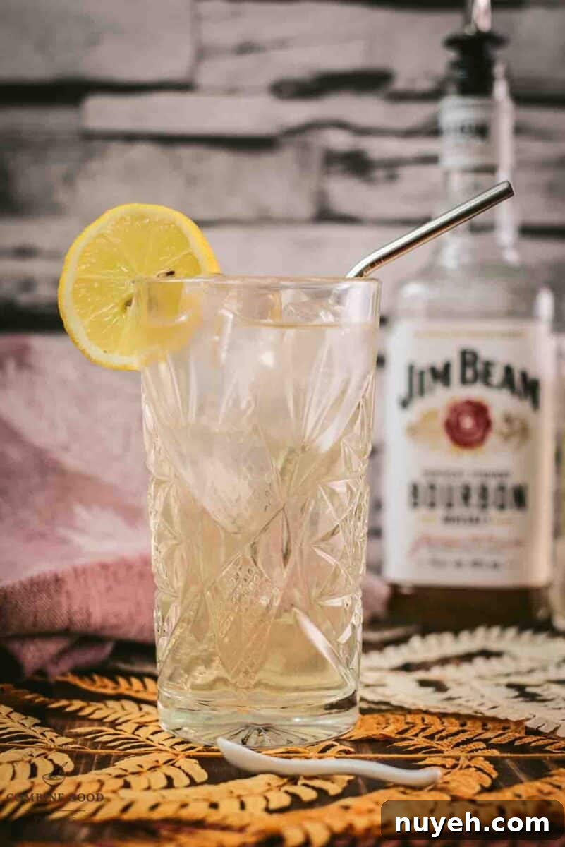 Gorgeous Bourbon Highball cocktail, made with Bourbon and Ginger beer. Served with a lemon slice.