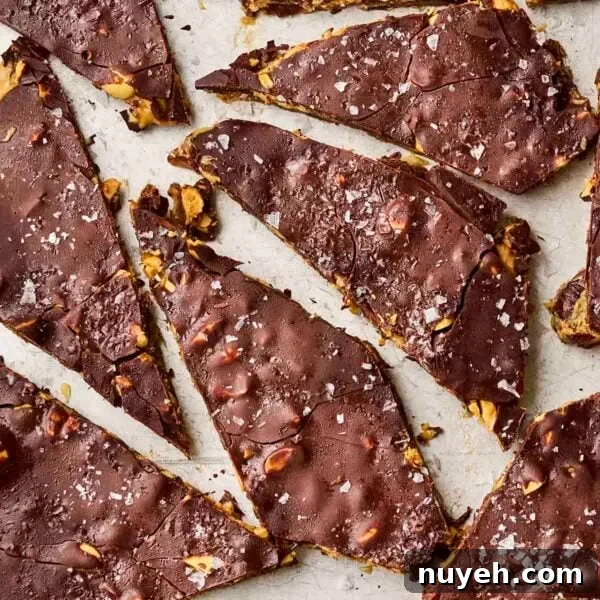 A close up of date bark with chocolate and peanut butter, with salt over the top, broken into pieces.