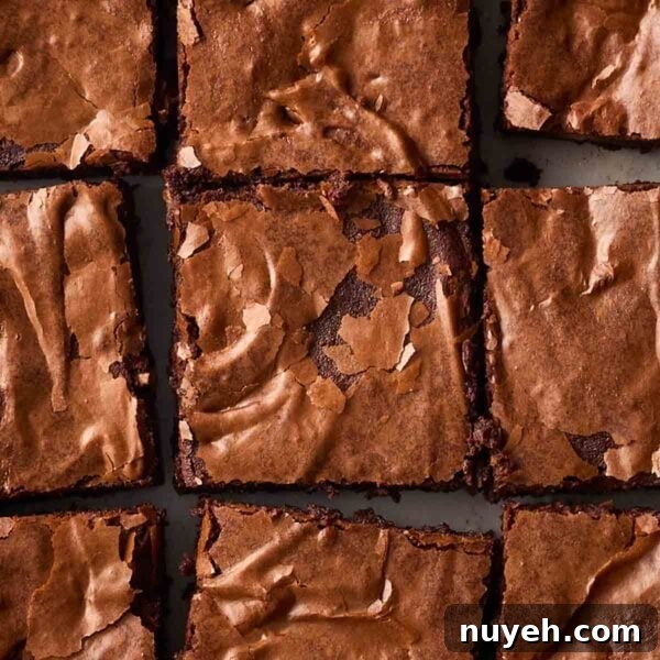 A close up of chocolate brownies with cracked tops, in squares.