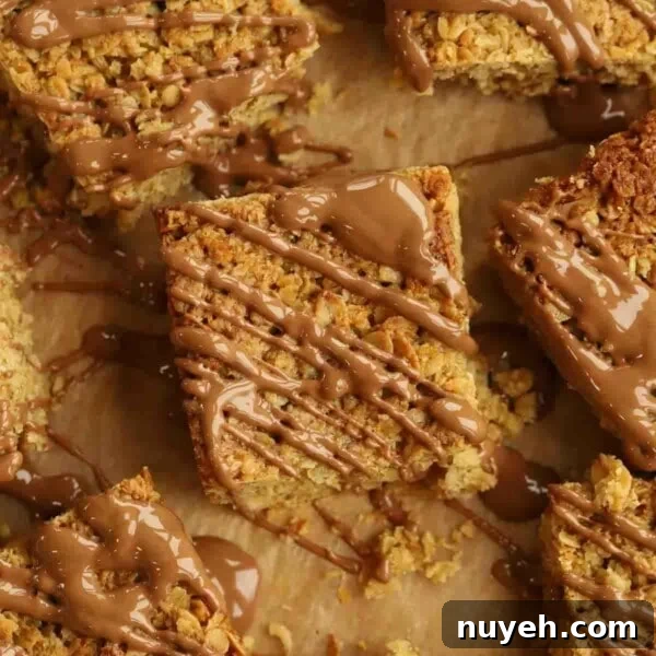 Melted chocolate drizzled over pieces of just baked flapjacks.