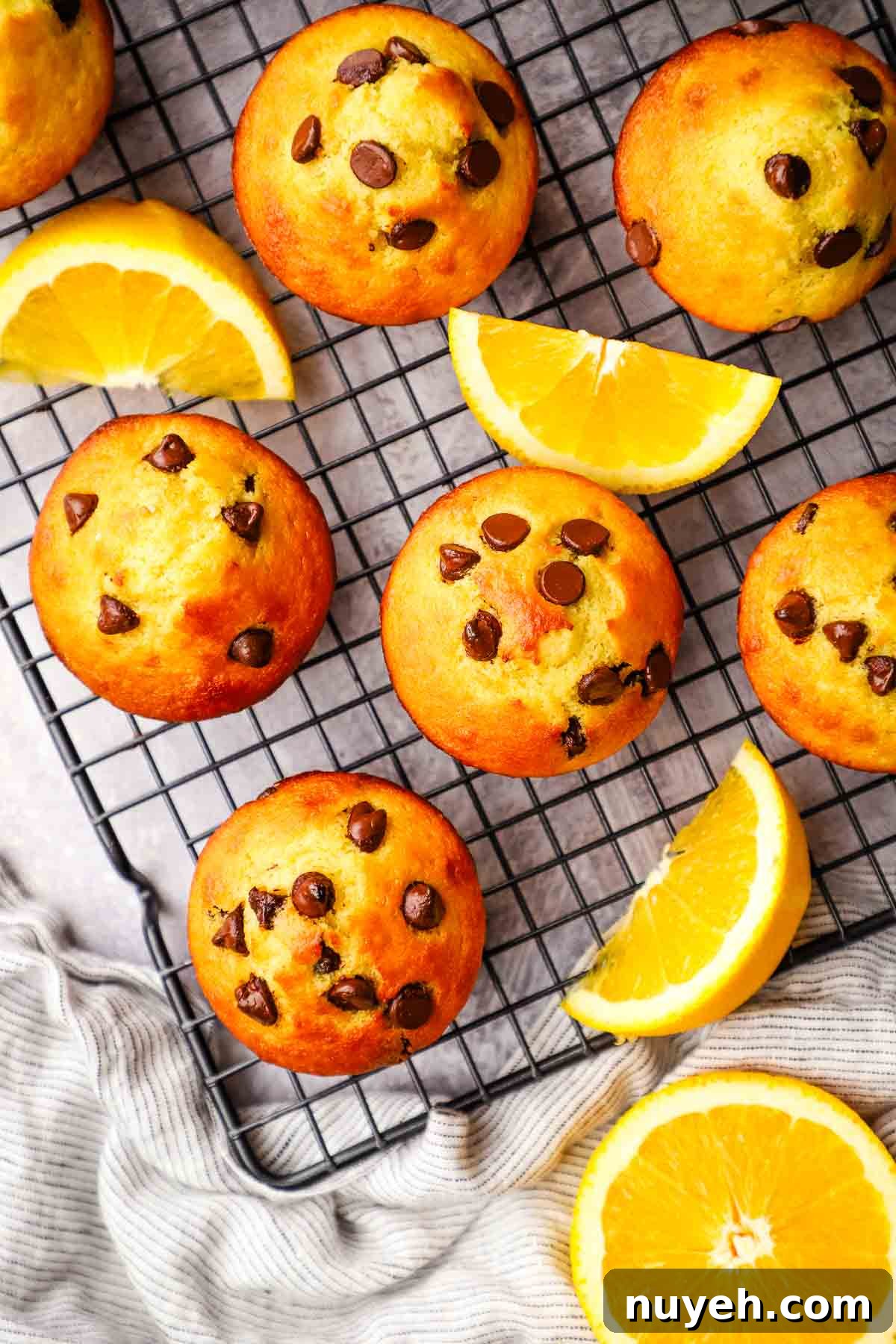 overhead view of orange chocolate chip muffins on a wire rack.