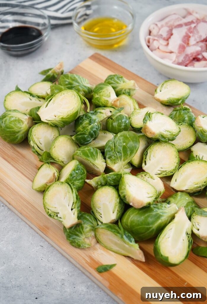 Brussels sprouts prepped in a bowl