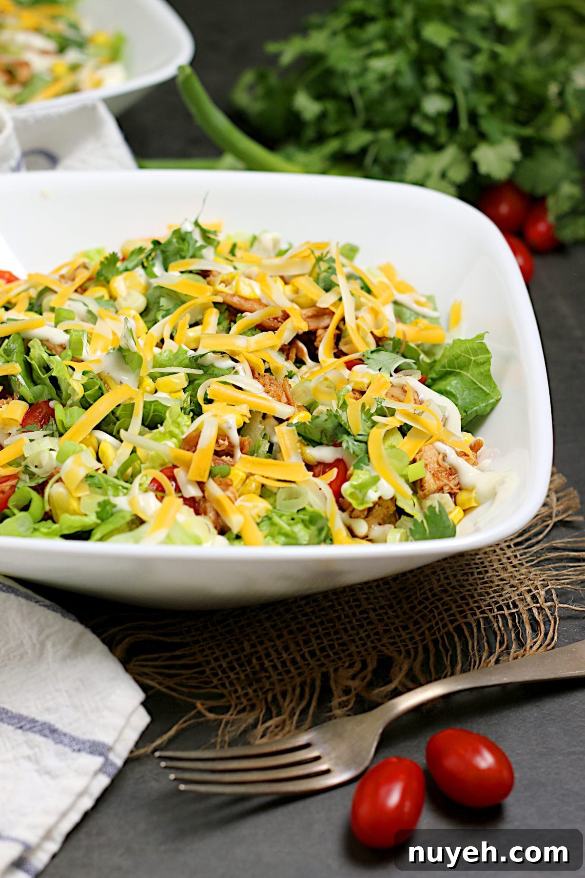 Barbecue Chicken Ranch Salad in a white bowl.