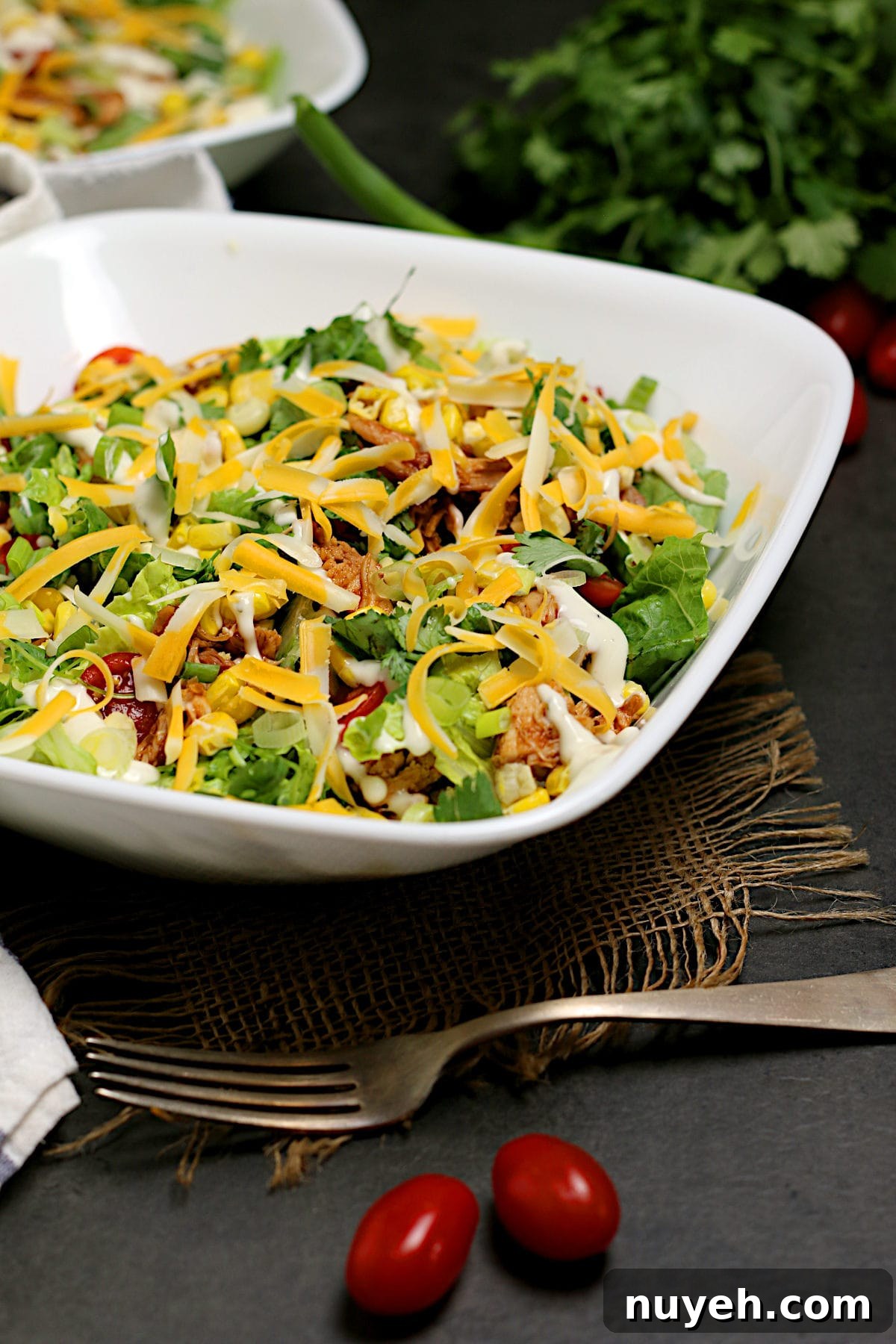 Barbecue Chicken Ranch Salad in a white bowl.