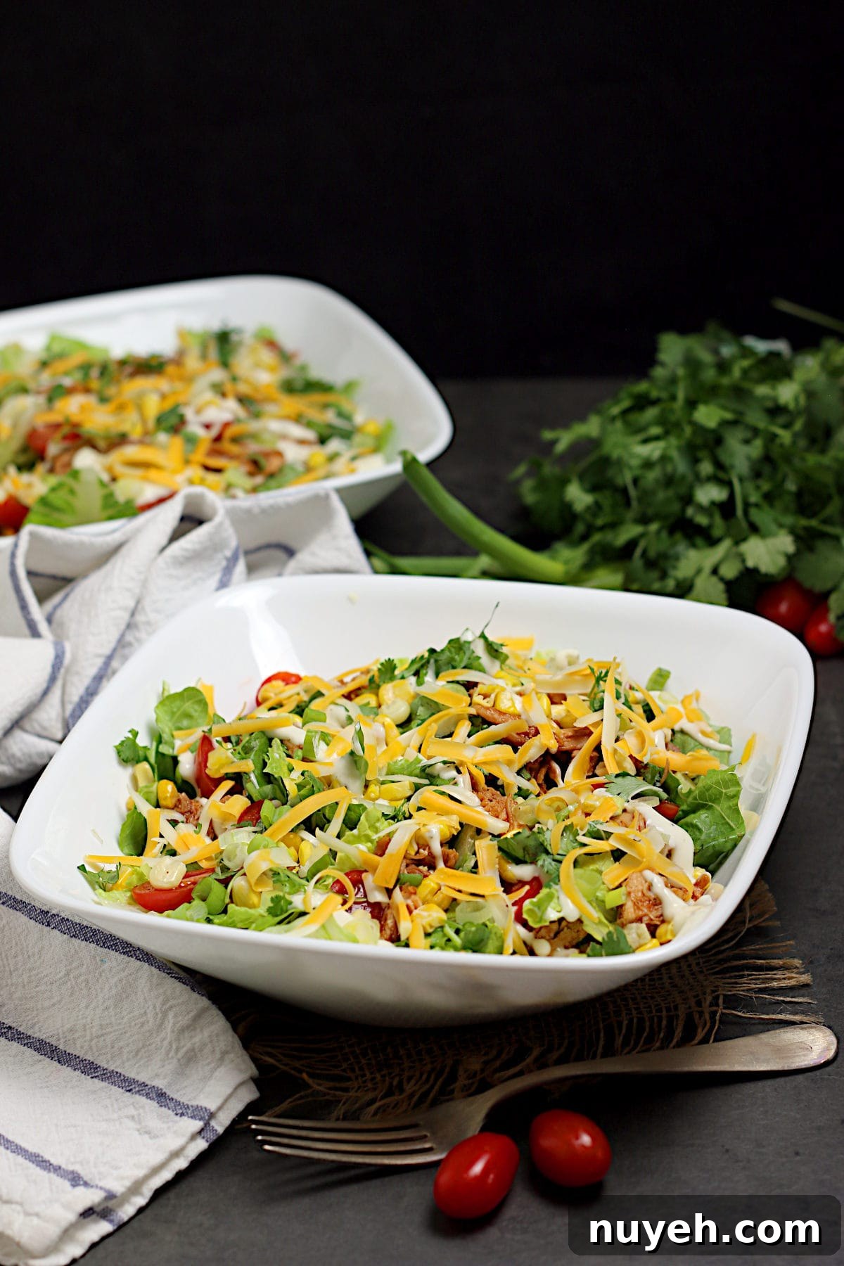 Barbecue Chicken Ranch Salad in a white bowl.