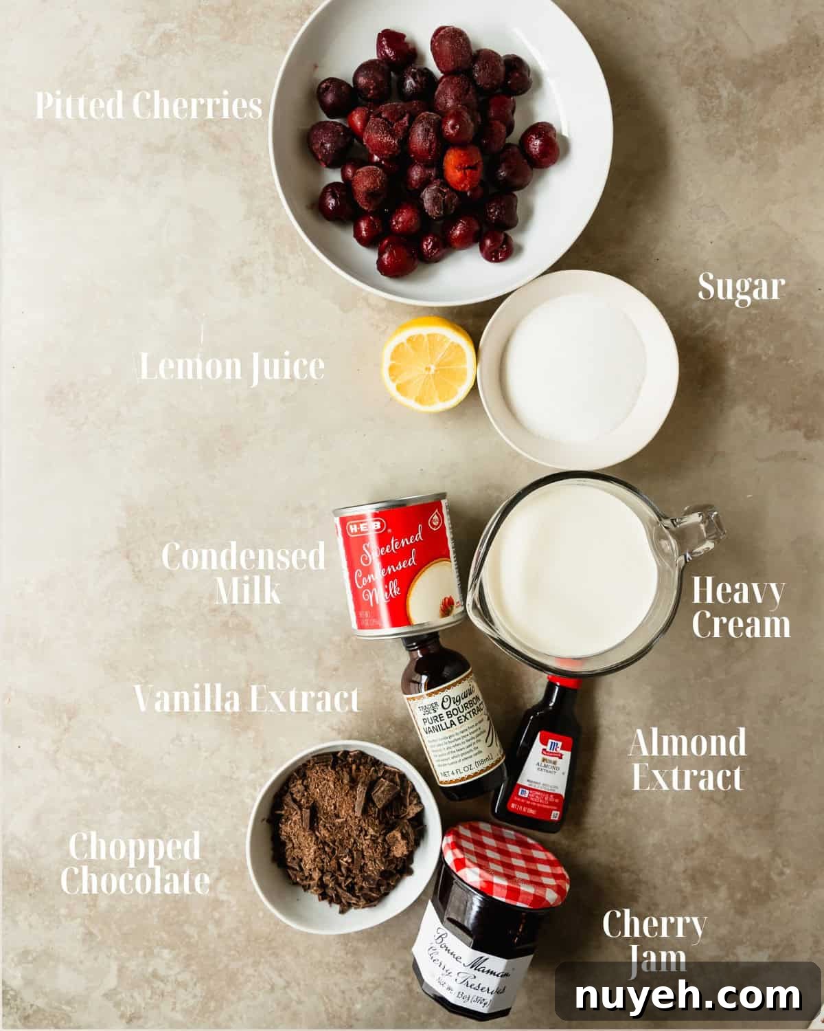 Cherry Sauce: Gather black or dark cherries, sugar and lemon juice. Cherry Ice Cream Base: Gather heavy cream, sweetened condensed milk, vanilla extract, almond extract, chopped chocolate and cherry jam.