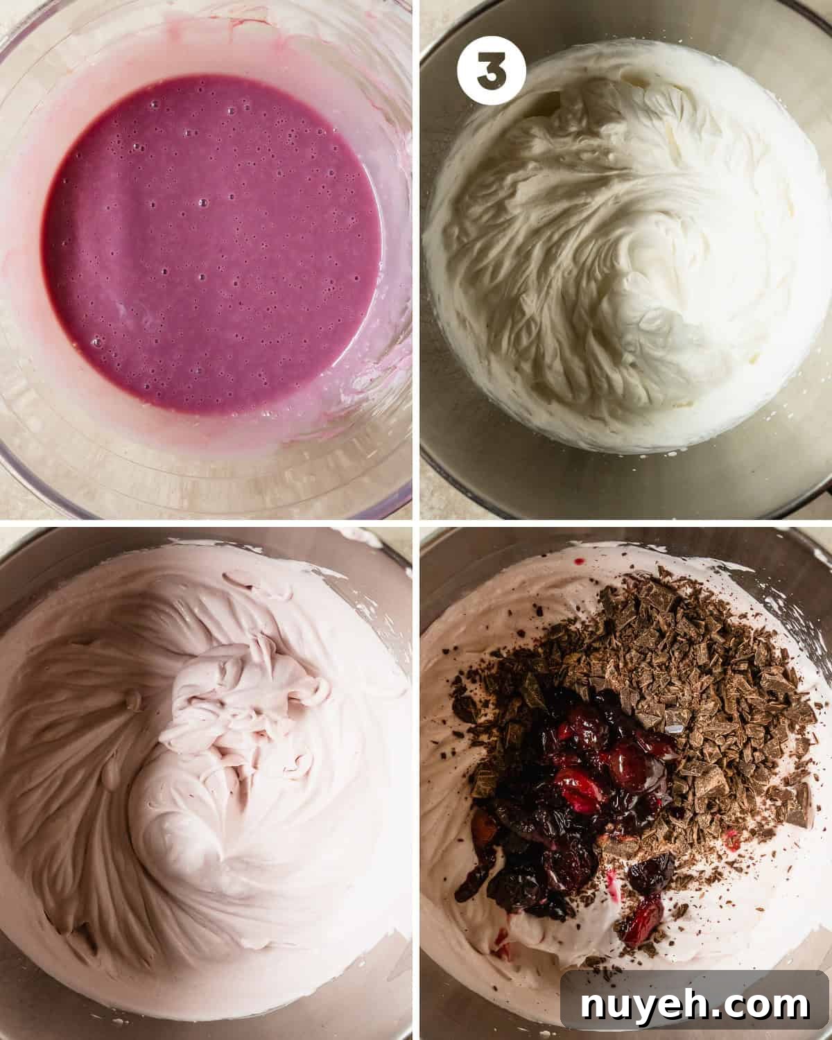 Whip heavy cream to medium-stiff peaks then fold in the condensed milk cherry mixture and fold in cherries and chocolate.