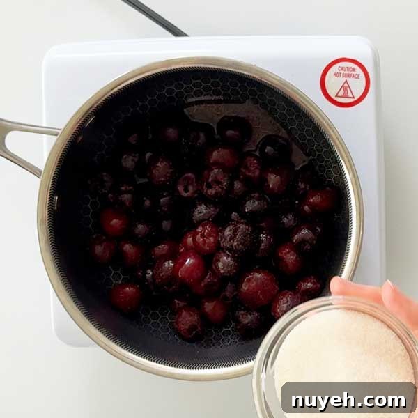 Cherry Compote in 15 Minutes: Dessert Topping Recipe 4 Adding the fresh or frozen cherries to a sauce pan.