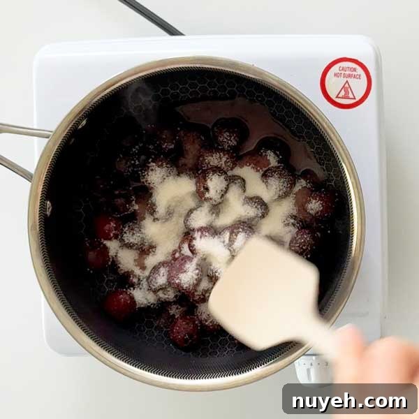 Cherry Compote in 15 Minutes: Dessert Topping Recipe 5 Stirring sugar in with the cherries in the saucepan.