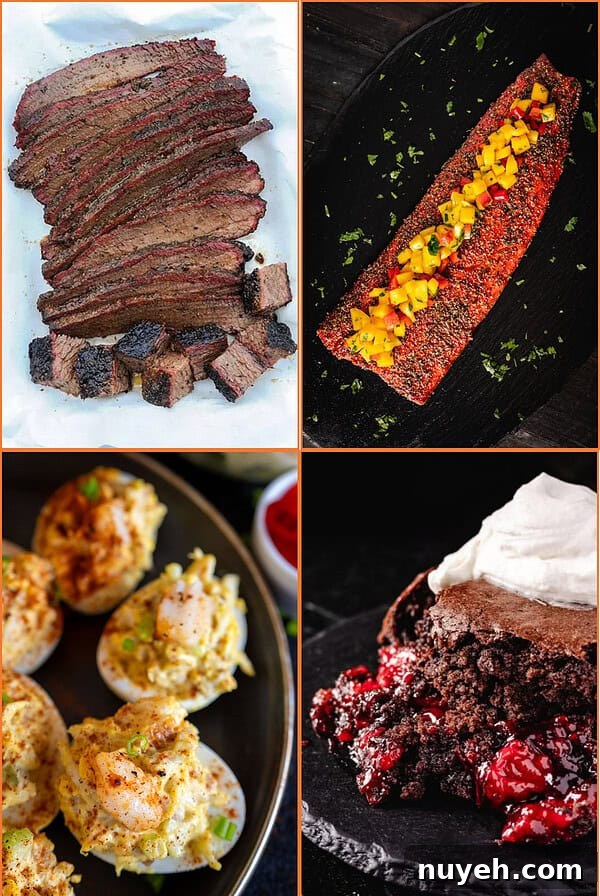 brisket, salmon, eggs, cake.