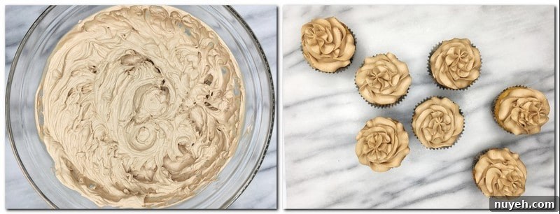 Banana Cupcakes with Dulce de Leche Frosting 3 Photo 9: Chocolate whipped cream in a bowl Photo 10: Piped cupcakes on a marble board