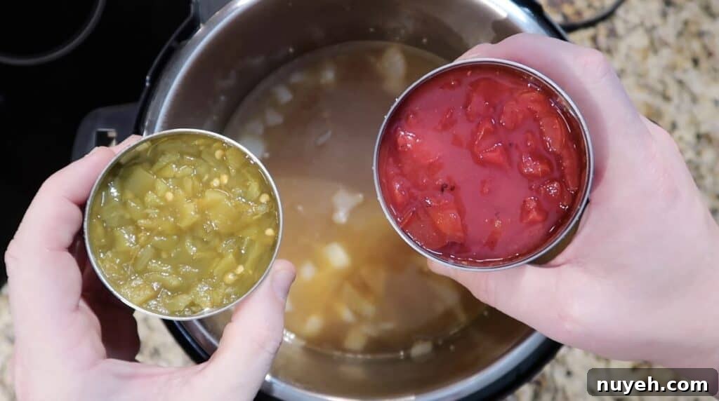 Adding a can of diced green chiles and diced tomatoes to the pot.