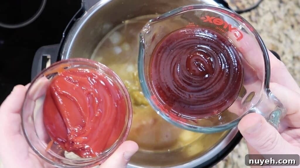 Adding ketchup and barbecue sauce to pot