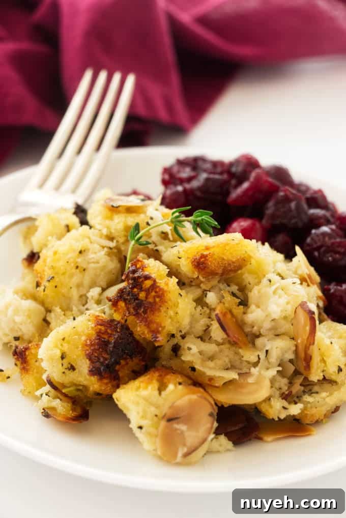 A serving of sourdough stuffing on a plate.