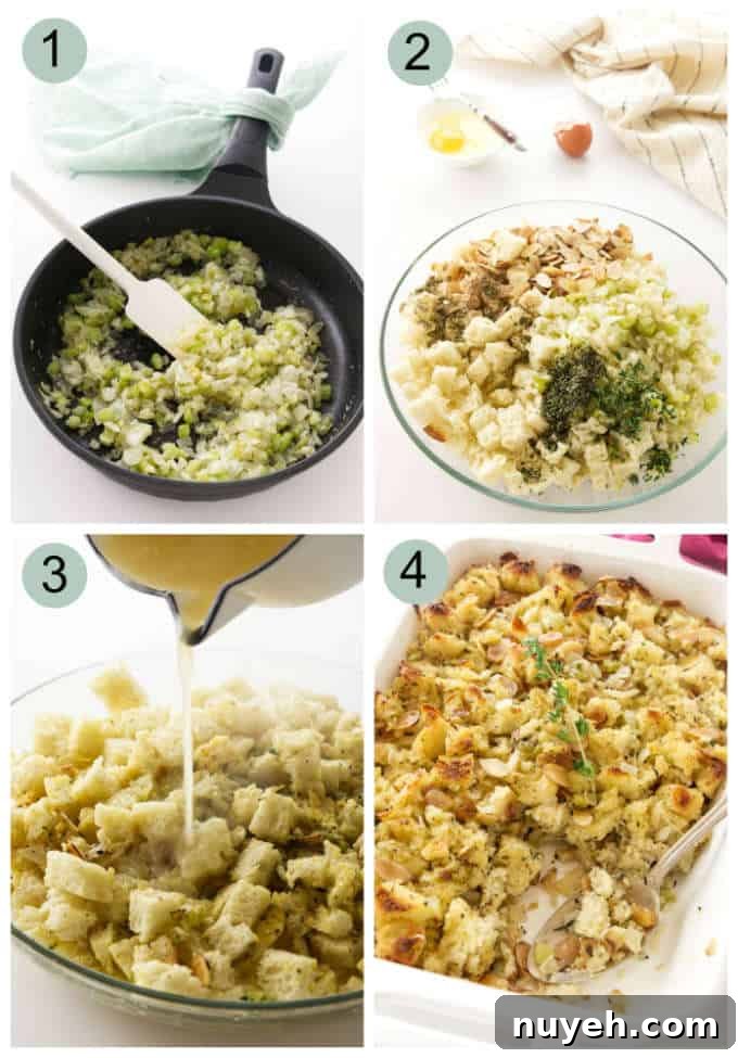 Collage of process photos for making sourdough stuffing.