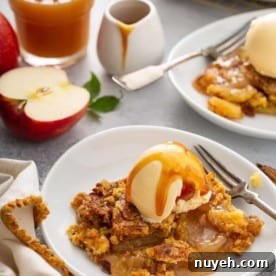 Two shallow bowls filled with apple dump cake topped with vanilla ice cream and caramel sauce