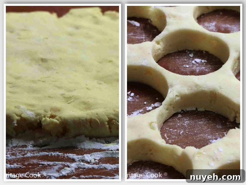 The raw dough patted into a 3/4-inch thick disk; holes punched out of the dough where the scones were removed to be baked.