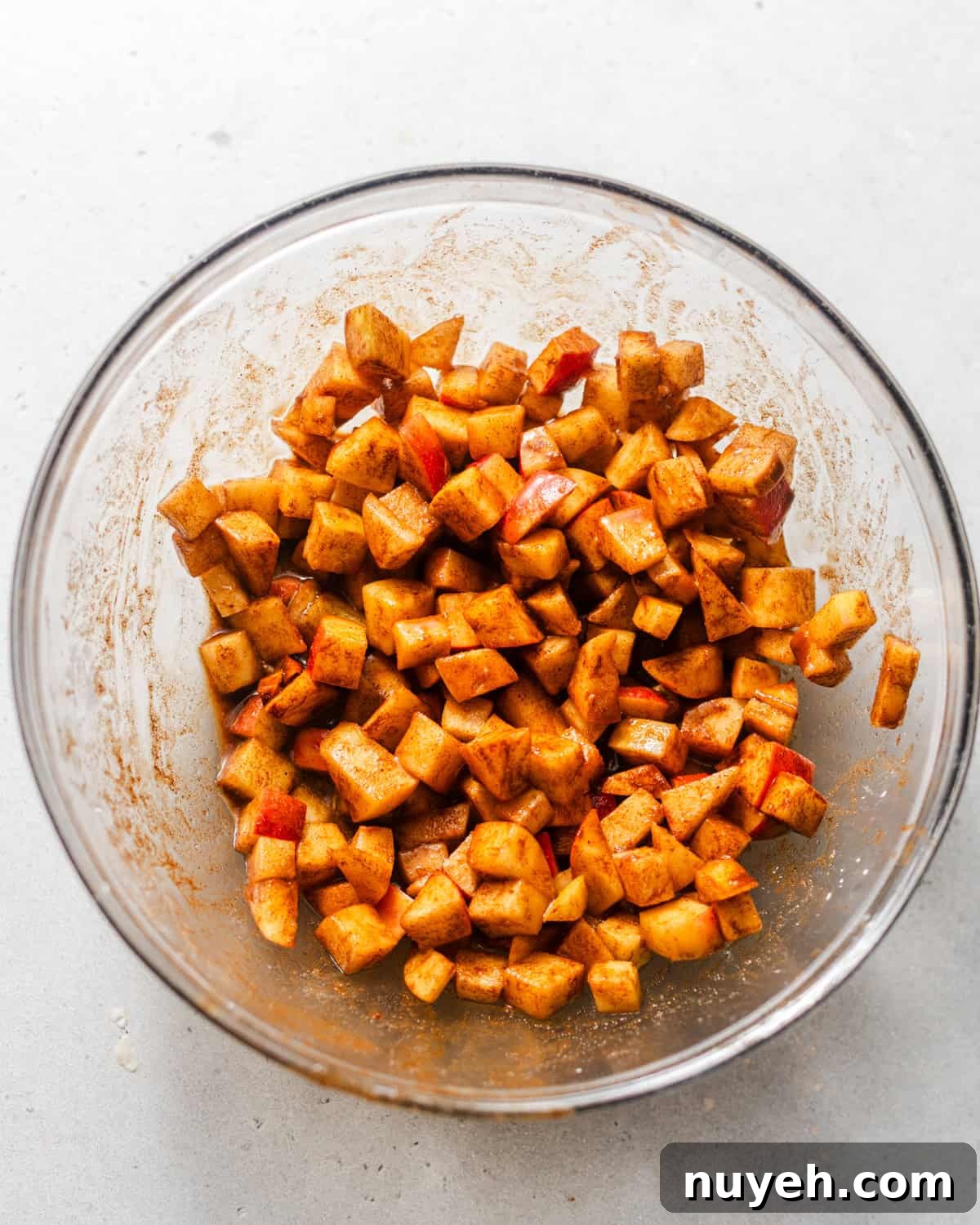 chopped apples tossed in cinnamon, sugar, and cornstarch.