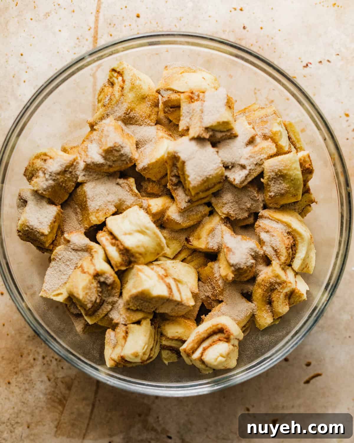 chopped pieces of cinnamon roll dough tossed in apple cider powder.
