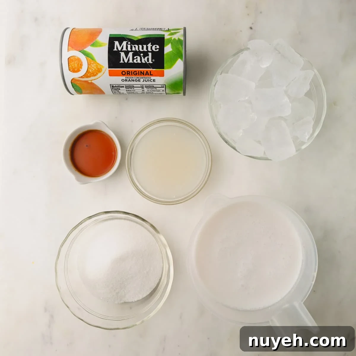 Ingredients to make a coconut orange Julius drink.