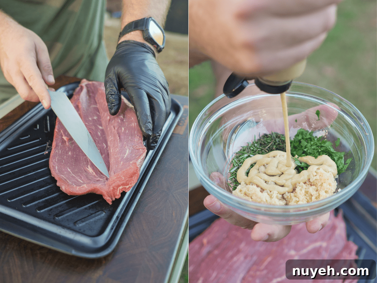 There are two images. The tenderloin is opened with a sharp knife on the left. The filling is prepared on the right.