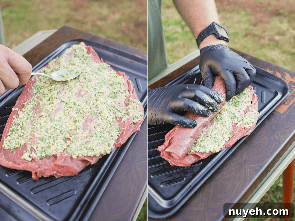 The raw meat is rolled with the stuffing inside.