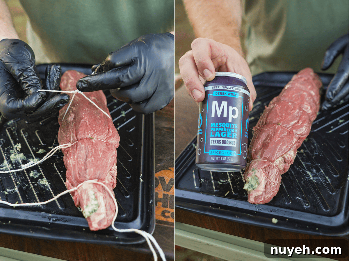 The tenderloin is seasoned with one of Derek's signature rubs in a beer can.