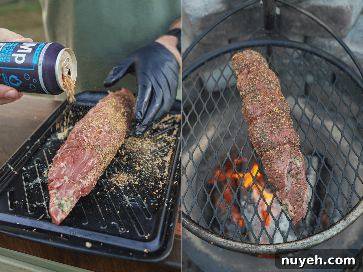 The tenderloin is tied up in butcher string, seasoned, and then placed over the flames of the grill.