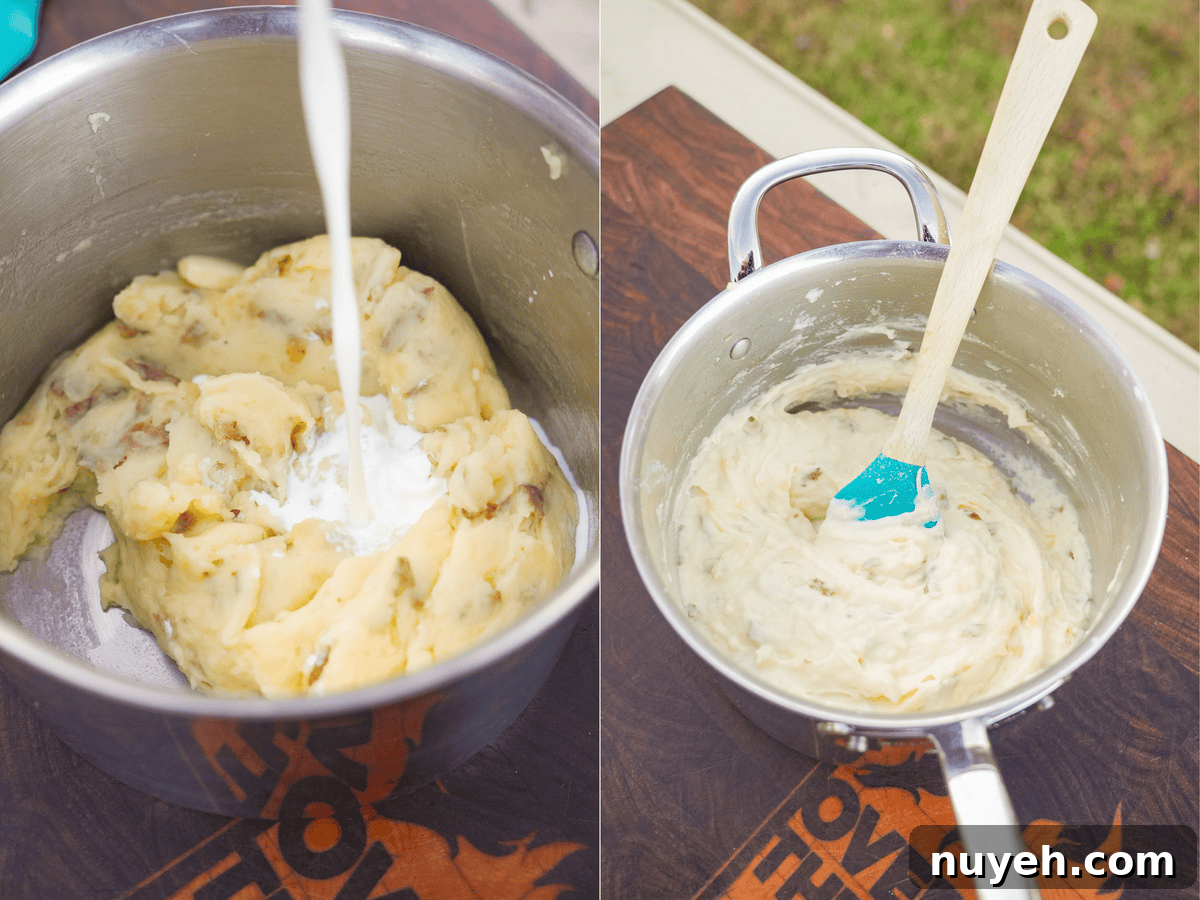 The mashed potatoes are prepared with heavy cream.