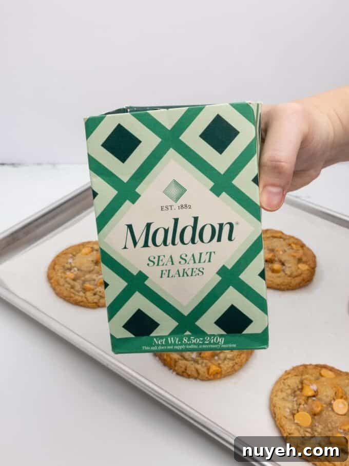 box of sea salt in front of oatmeal scotchie cookies on baking sheet