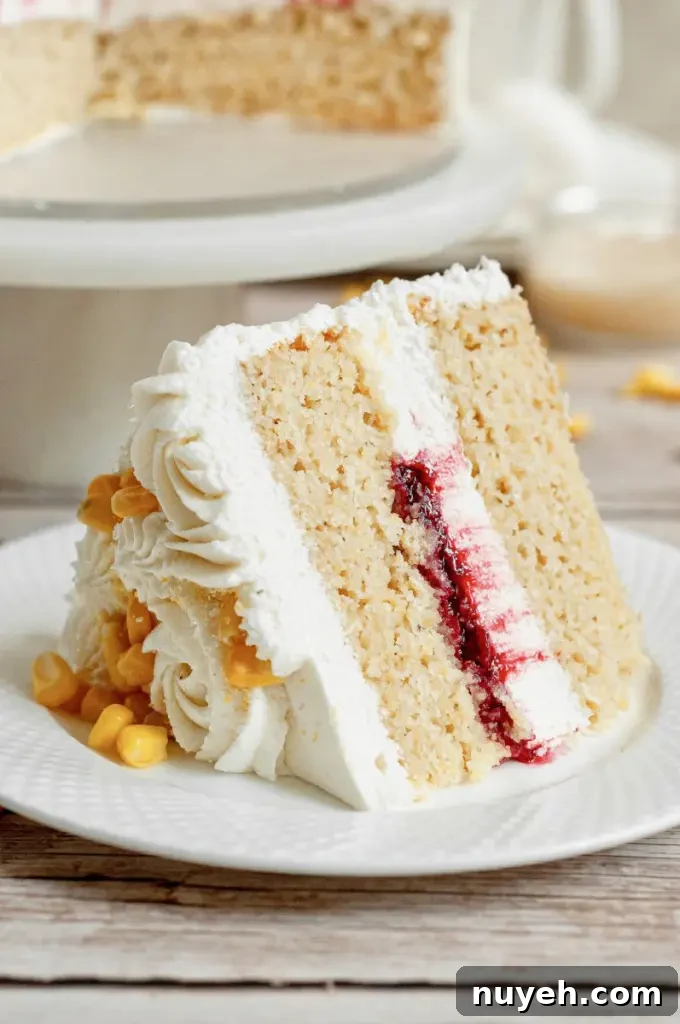 Cornbread cake with white frosting and corn kernels