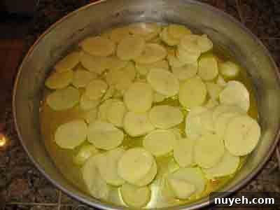 Sliced potatoes in oil.