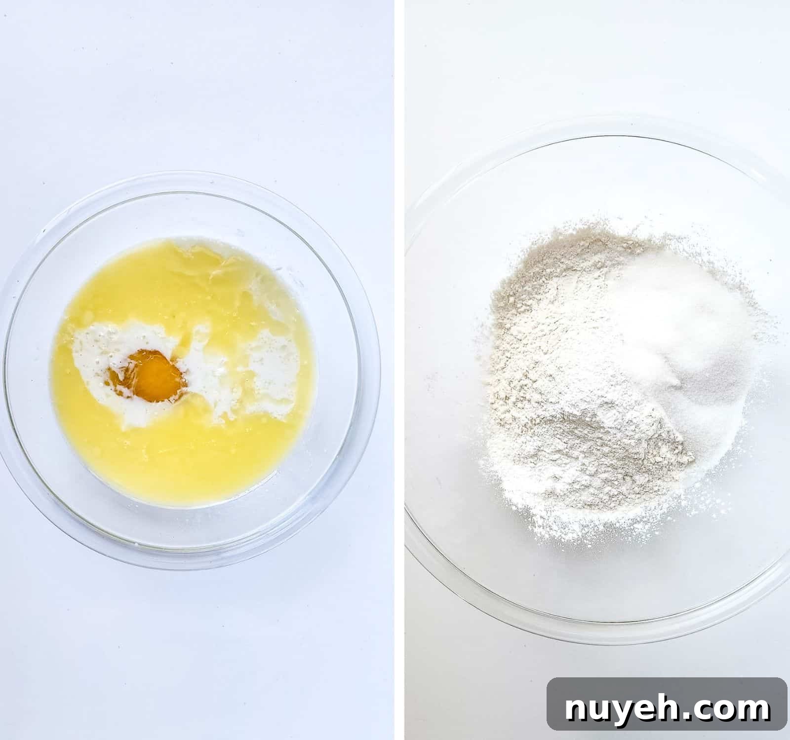 wet and dry ingredients for spaghetti pancake batter in separate bowls