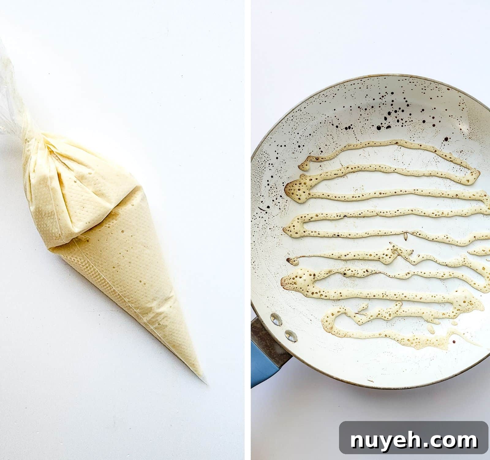 the spaghetti pancake batter in a piping bag, and then piped out in a skillet