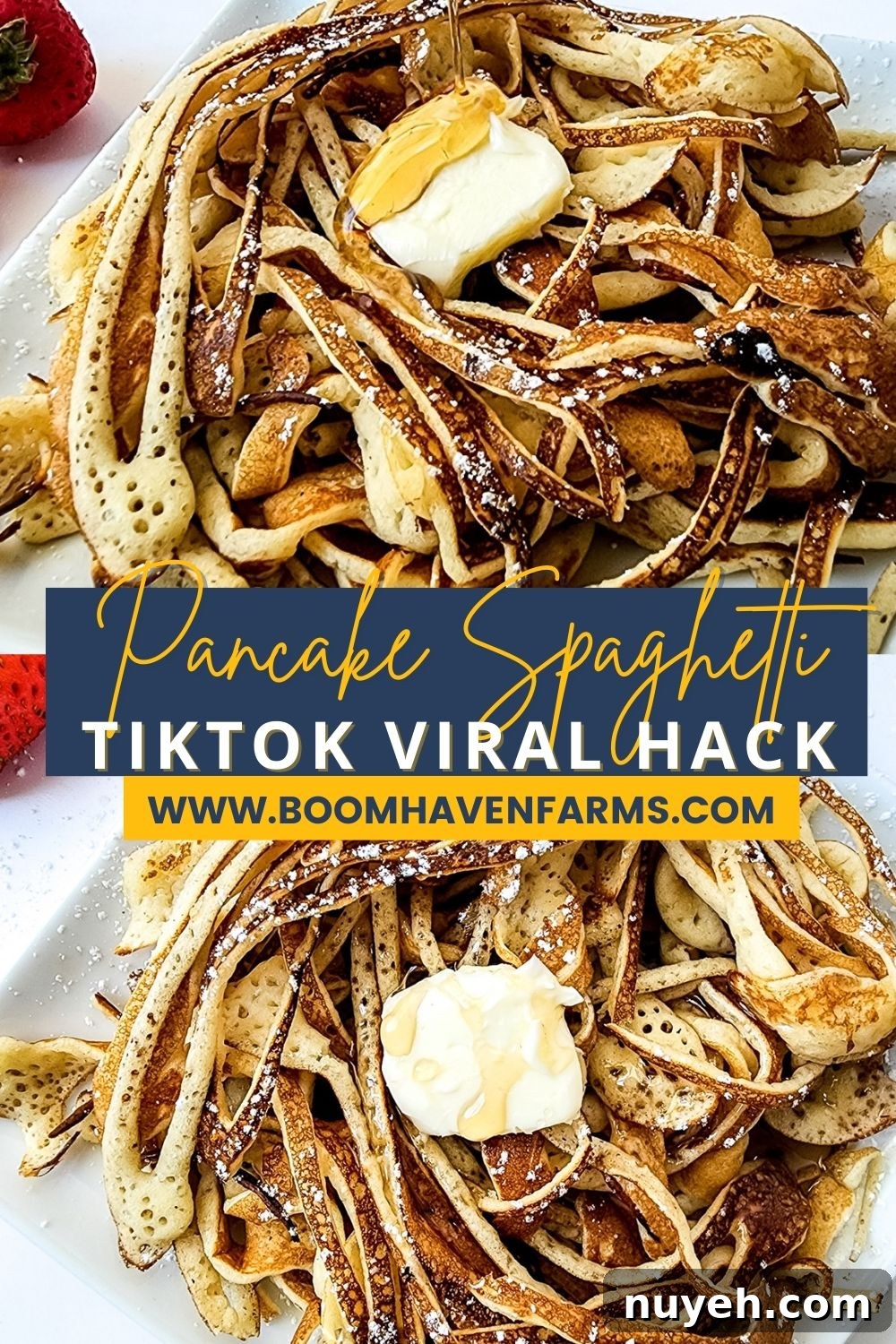 collage image of spaghetti pancakes with butter