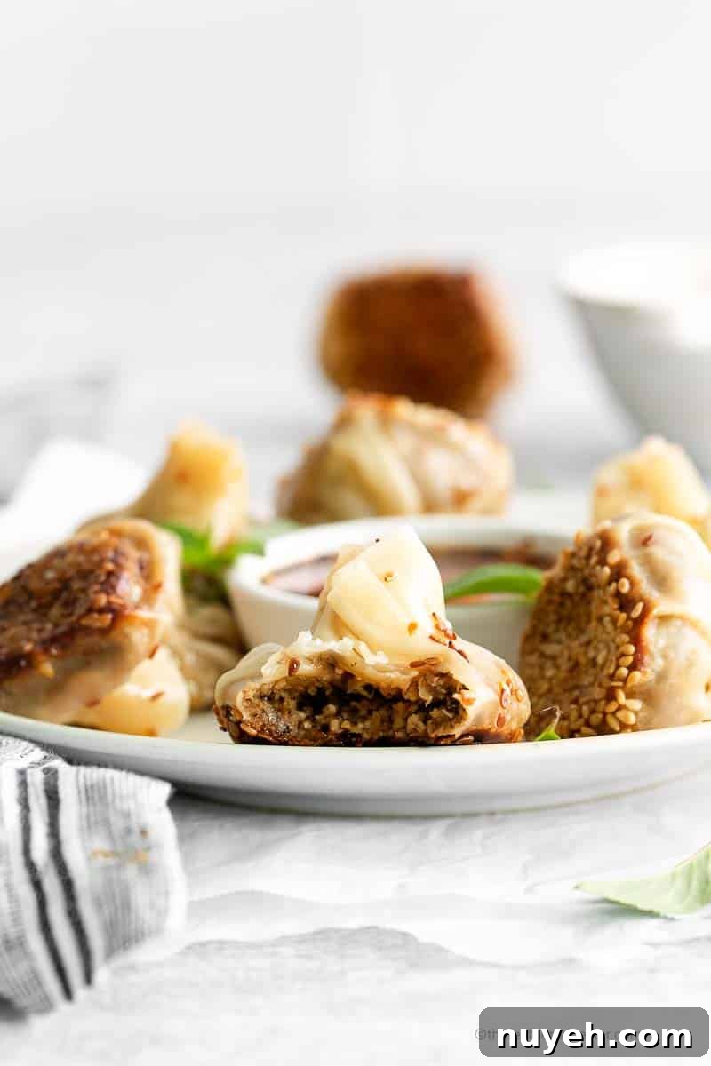 Side view photo of mushroom dumplings placed on a plate with garlic chili oil at the center.