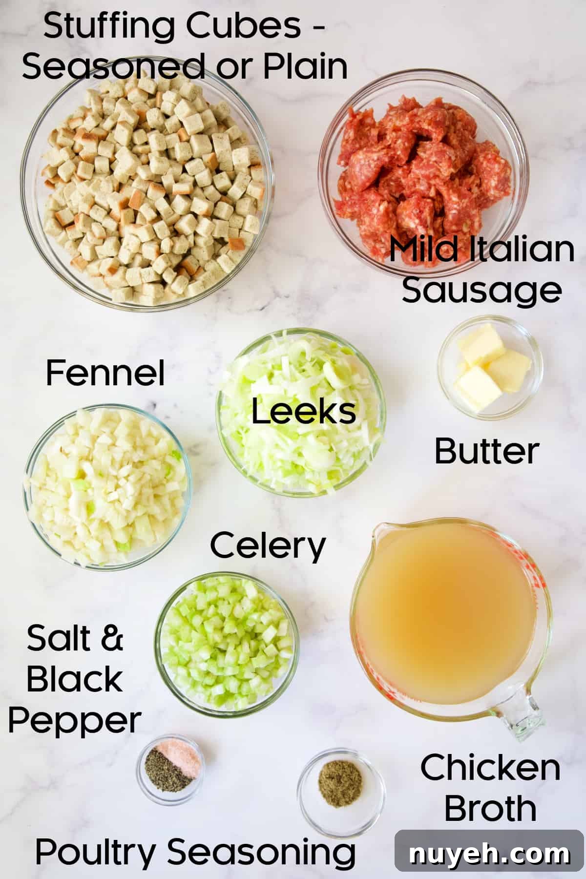 Sausage, Fennel and Leek Stuffing Recipe 4 Ingredients for Sausage Stuffing with Fennel and Leeks in glass bowls.