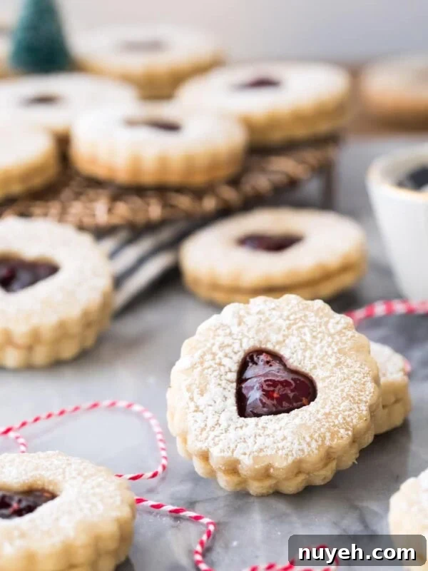 Linzer cookies on marble with red bakers twine