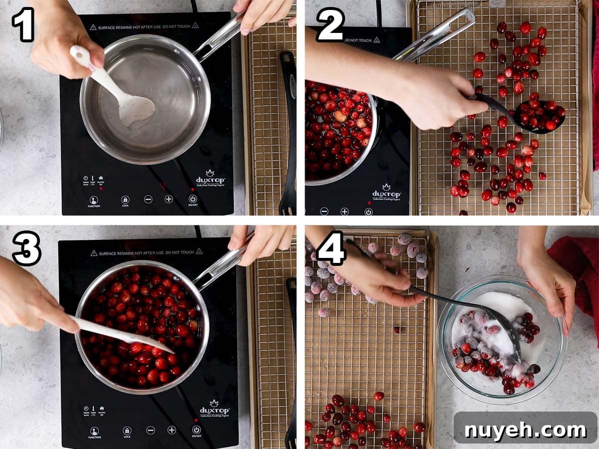 Collage of four photos showing cranberries being dipped in syrup and coated in sugar.